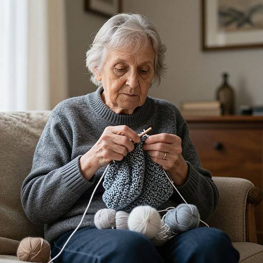 Photograph of an elderly woman with gray hair, wearing a gray knit sweater, focused on knitting with white and gray yarn on a beige sofa in a