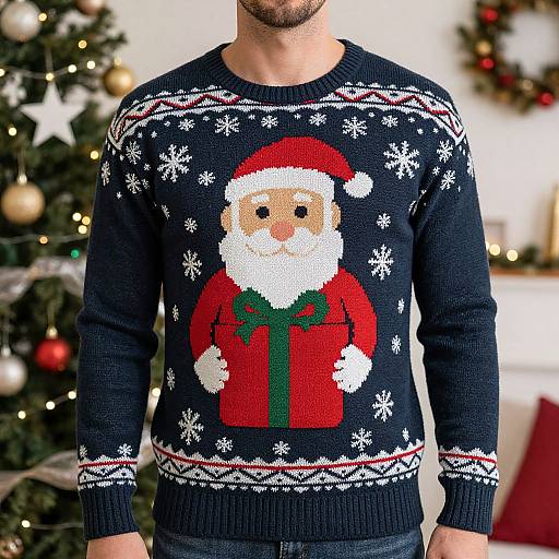 Photograph of a man wearing a black Christmas sweater with a colorful, cartoon Santa design, standing in front of a decorated Christmas tree.