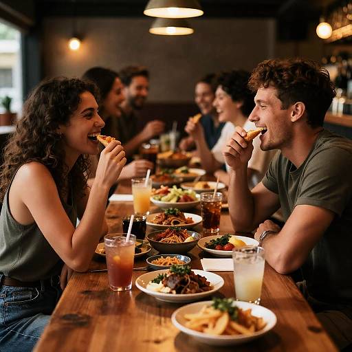 Photograph of a casual restaurant with a wooden table, a smiling woman with curly hair and a man with short curly hair, both eating and laughing,