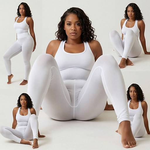 Photograph of a fit Black woman with curly hair in white tank top and leggings, sitting and standing in various poses against a white background.