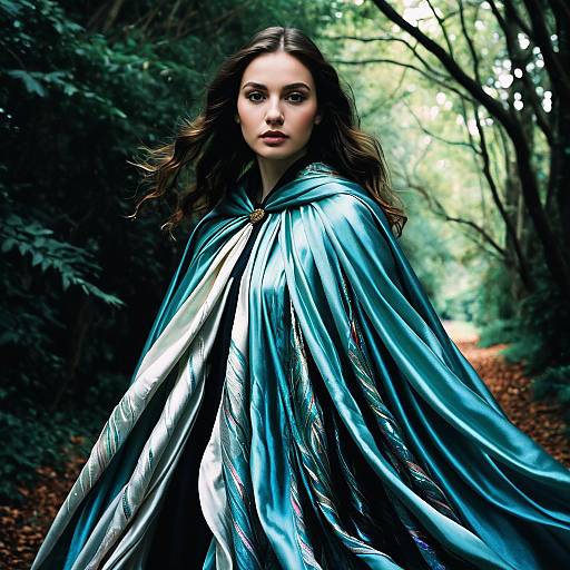Young Woman in Flowing Fantasy-Inspired Silk Cape