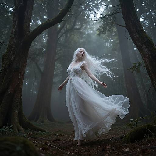 Ethereal Ghost Woman in Misty Forest
