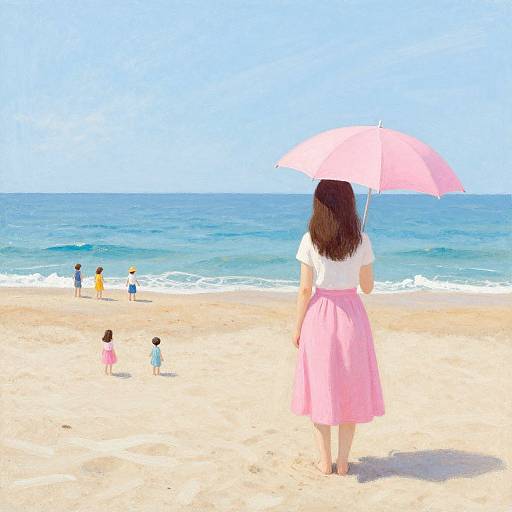 Photograph of a woman with long brown hair, wearing a white top and pink skirt, holding a pink umbrella, watching children play by the blue ocean