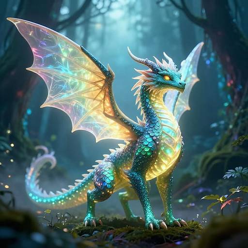 Digital artwork of a radiant, blue-green dragon with glowing wings and bioluminescent scales standing in a mystical, moonlit forest.