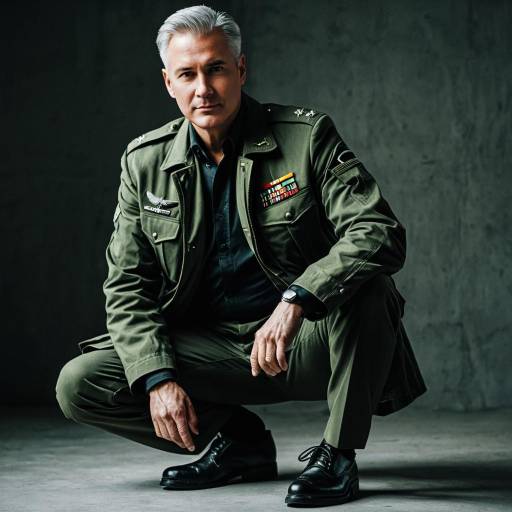 Mature Man in Military Green Outfit Squatting