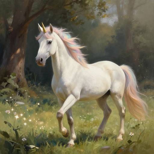 Digital painting of a white unicorn with a pink mane and tail, standing in a sunlit, enchanted forest, surrounded by glowing flowers and soft sunlight filtering