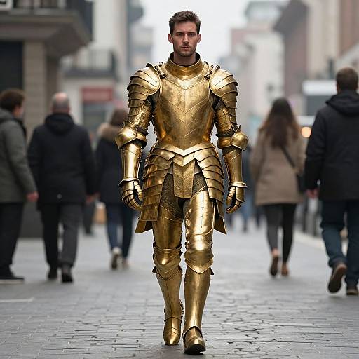 Photograph of a man in golden, medieval-style armor walking down a city street with blurred, dressed pedestrians in the background.