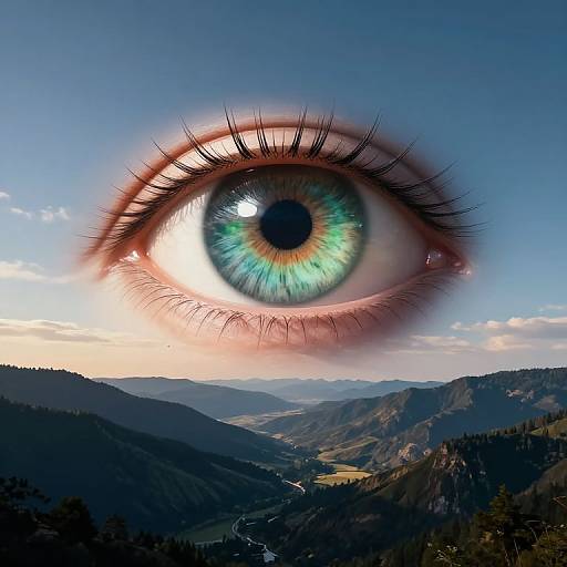 Photograph of a vivid green, reflective eye superimposed over a mountainous landscape with a clear blue sky and distant valleys.