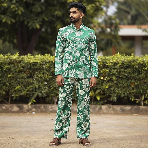 Man in Green Floral Print Suit Outdoors