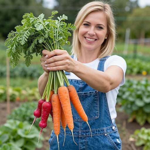Blonde woman in denim overalls, smiling, holds vibrant orange carrots and red radishes in a lush, green garden background. Photographic image.