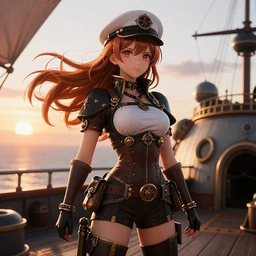 Wind-Swept Steampunk Airship Captain at Sunset