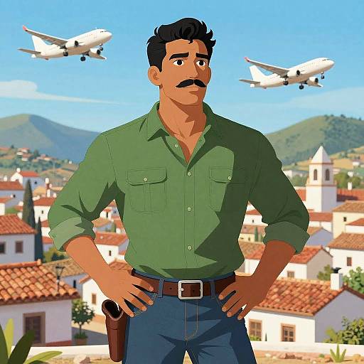 Cartoon-style drawing of a mustached man in a green shirt and blue jeans, standing confidently with hands on hips, two airplanes flying in blue sky