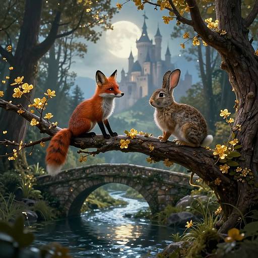 Digital painting: A red fox and brown rabbit sit on a blossoming tree branch, overlooking a moonlit castle and stone bridge by a reflective stream in