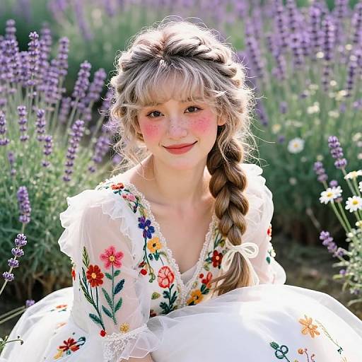 Photograph of a young, fair-skinned girl with blonde hair in a braid, wearing a white floral dress, smiling in a lavender field.