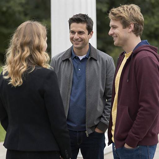 Photograph of three casually dressed young adults standing outdoors, smiling at each other; man in gray jacket, woman with blonde hair, man in maroon