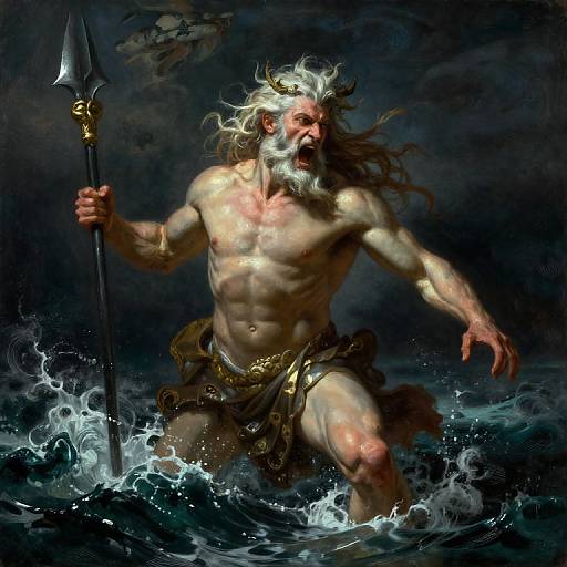 Digital painting of a muscular, bearded, white-haired sea god with a spear, roaring amidst turbulent waves under a dark, stormy sky.