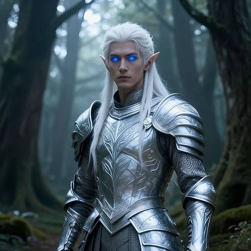 Digital artwork of a white-haired, blue-eyed elf warrior in silver, intricately patterned armor standing in a misty forest.