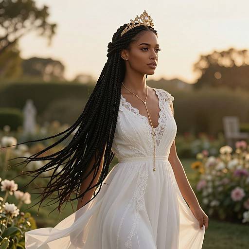 Elegant Woman in White Dress with Gold Crown