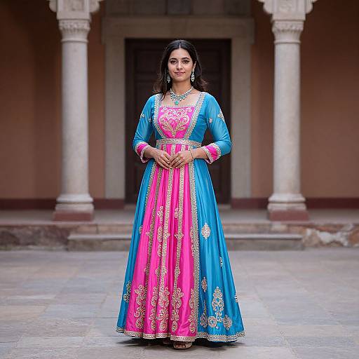 Photograph of a South Asian woman in a vibrant blue and pink traditional Punjabi kameez with gold embroidery, standing in an ornate courtyard with