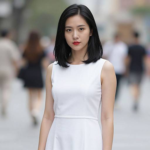 Photograph of an Asian woman with straight black hair, red lipstick, wearing a sleeveless white dress, standing in a blurred urban background.