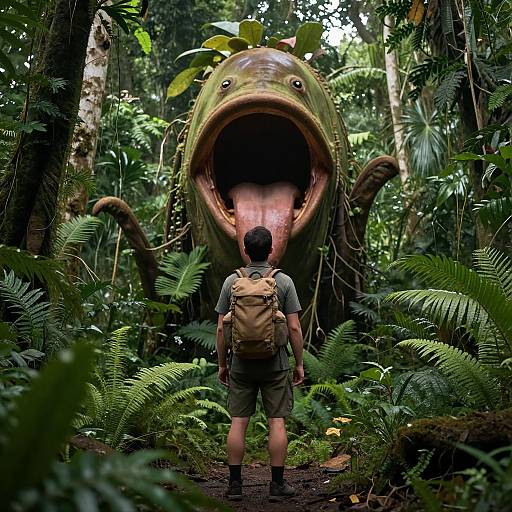 Photograph of a man with a beige backpack facing a massive, open-mouthed, green monster in a dense, lush jungle.