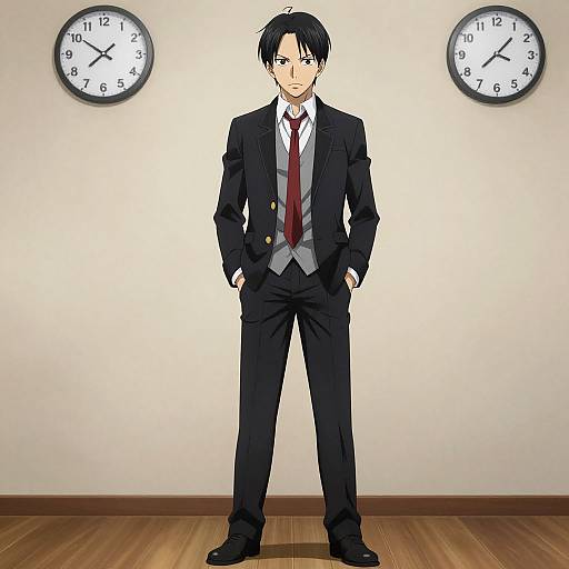 Anime-style digital illustration of a serious, black-haired man in a black suit, red tie, and white shirt, standing in front of two clocks on