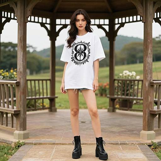 Photograph of a young woman with long dark hair, wearing a white T-shirt with a black circular design, denim shorts, and black platform boots,