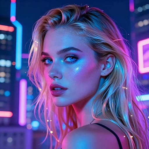 Photograph of a blonde woman with glowing skin, blue and pink neon lights highlighting her face, against a cityscape with blurred neon signs. Her expression