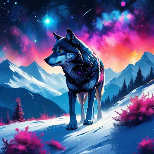 Vibrant Wolf in Starry Mountain Landscape
