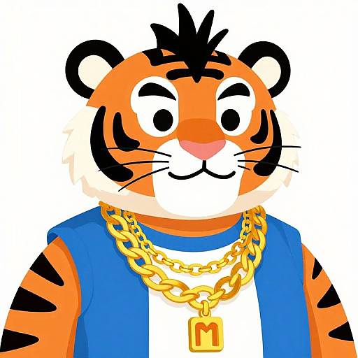 Cartoon tiger with orange and black stripes, black eyebrows, blue sleeveless shirt, white shirt, gold chain necklaces, and 