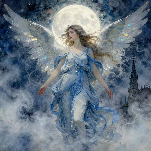 Digital painting of ethereal angel with flowing blonde hair, blue and white dress, large wings, glowing moon, and misty night sky.