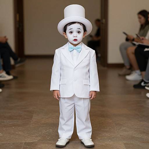 Photograph of a young child with pale skin, wearing a white suit, bow tie, and oversized white top hat, standing in a dimly lit