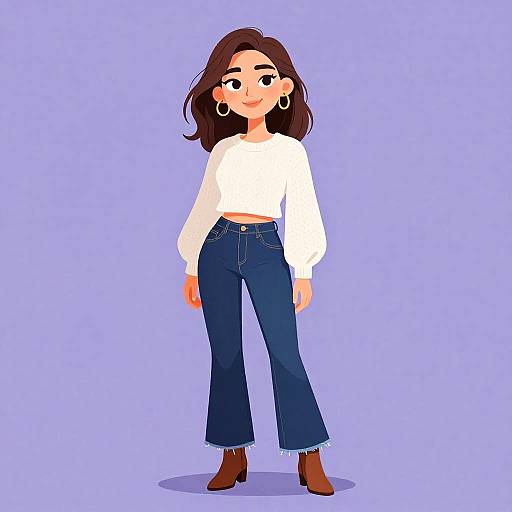 Cartoon-style digital drawing of a smiling woman with brown hair, wearing a white long-sleeve top, blue jeans, brown boots, and gold