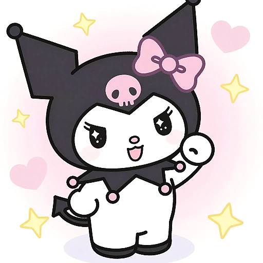 Cute, chibi-style drawing of a white, cartoon character with black jester hat, pink bow, skull ornament, and playful expression, surrounded