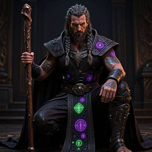 Digital art of a muscular, bearded man with long braided hair, wearing ornate black armor with glowing purple and green runes, holding a staff