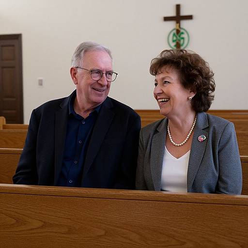 Photograph of smiling elderly couple in church, man in black blazer, woman in gray blazer and pearl necklace, wooden pews, cross and