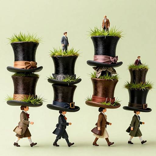 Photograph of six men in Victorian attire, each balancing a tall top hat filled with grass and small figurines on their heads.