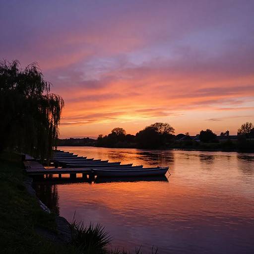 Photograph of a serene sunset over a calm lake, with silhouetted rowboats on the left, and vibrant orange, pink, and purple