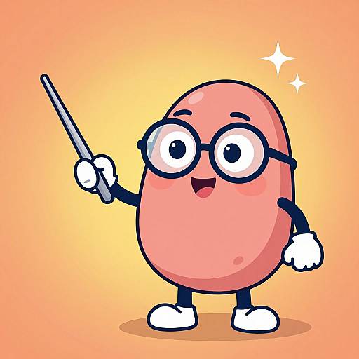 Cartoon pink gelatin sphere with glasses, holding a pointer, smiling, standing against a gradient orange-yellow background, with a sparkle.