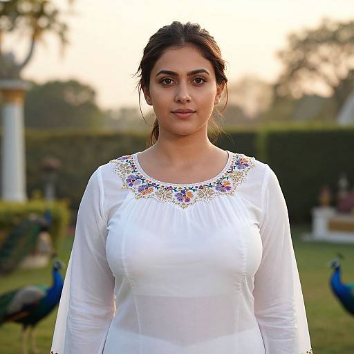 Photograph of a young South Asian woman with dark hair in a white long-sleeve kurta adorned with colorful embroidery, standing in a garden with