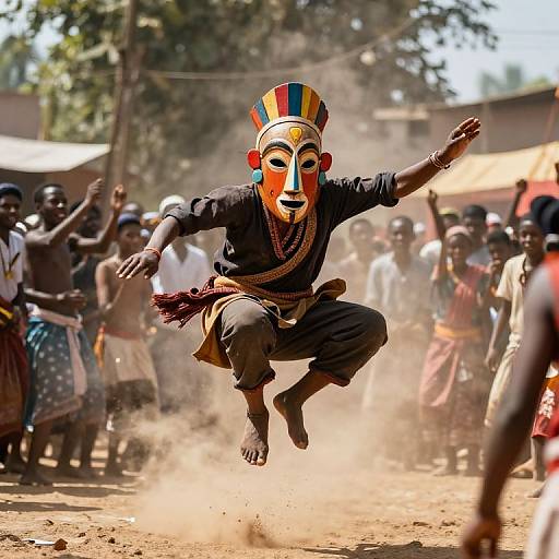 Photograph of a dancer in a colorful mask and traditional attire mid-jump, surrounded by cheering onlookers in a dusty, sunlit village.