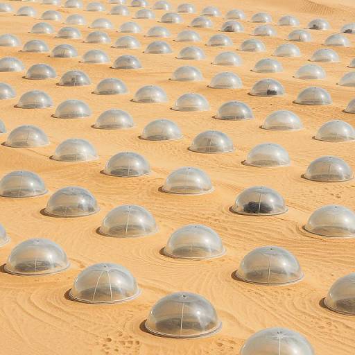 Photograph of a vast sandy desert with evenly spaced, transparent domes, each with thin support lines, creating a futuristic, geometric pattern.