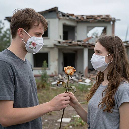 Young couple in masks, wearing gray shirts, hold a single orange rose in front of a dilapidated, abandoned house. Photograph.
