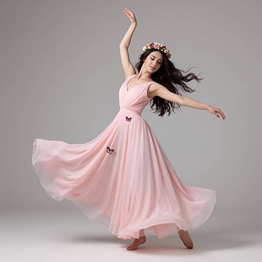 Photograph of a dancing woman with long black hair, wearing a flowing pink dress adorned with butterflies, a flower crown, and brown ballet flats, against