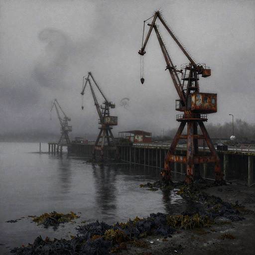 Charcoal Painting of Fogbound Industrial Pier
