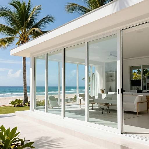 Photograph of a modern, white, glass-walled beach house with palm trees, ocean view, and bright blue sky; minimalist interior visible.