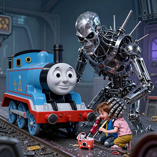 Photorealistic CGI of Thomas the Tank Engine, a shiny robot, and a young girl playing on a train track in a dimly lit industrial setting