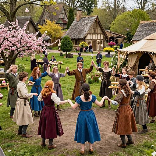 Photograph of a colorful Renaissance fair: people in period clothing dance around a central man in brown, surrounded by cherry blossoms and rustic cottages.