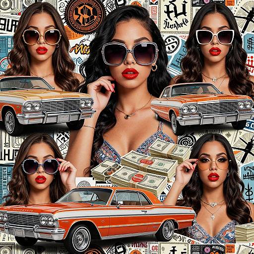Photograph collage of a Latina woman with wavy black hair, red lipstick, and oversized sunglasses, surrounded by orange vintage cars and urban graffiti background,