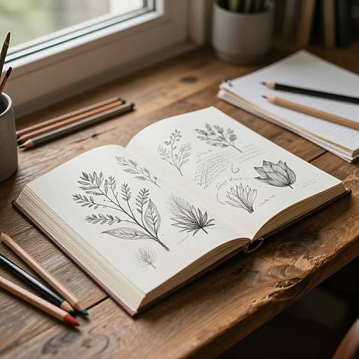 Photograph of an open sketchbook with detailed black ink botanical drawings on a wooden table, surrounded by pencils and a pot with a plant near a sun